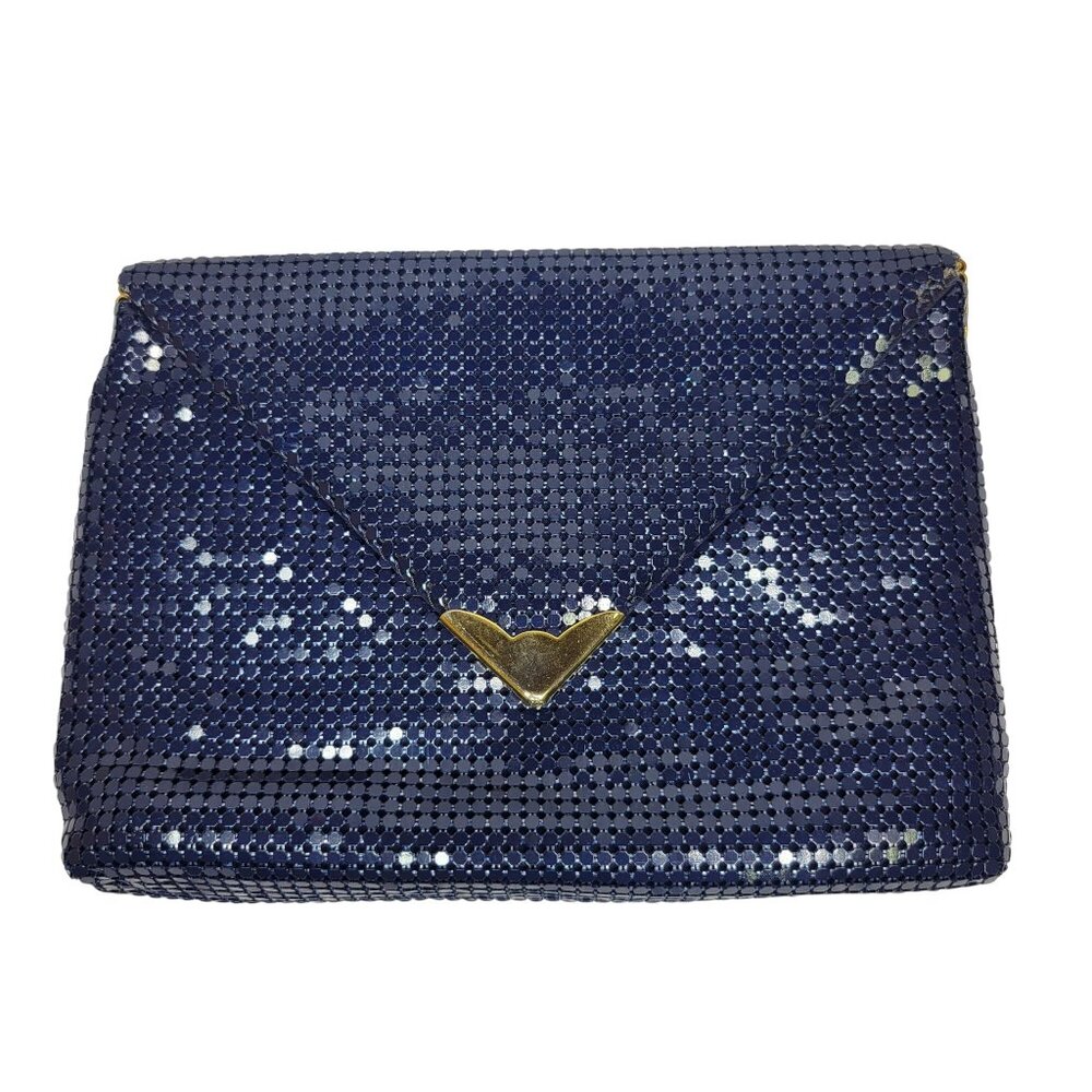 Vintage Apelle Italia Beaded Envelope Handbag Blue & Gold Magnetic Chain Strap - Picture 2 of 12